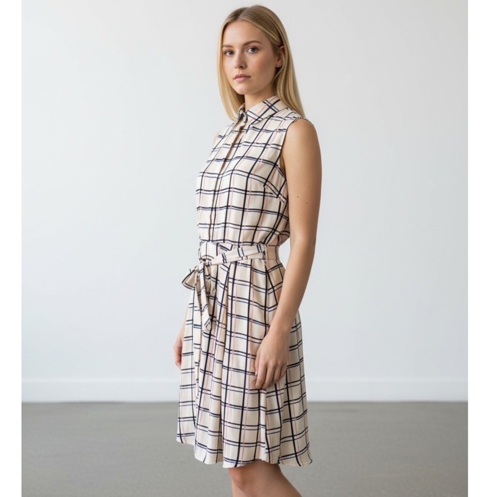 Plaid Sleeveless Shirt Dress Banana‎ Republic Women's 12P Belted, Sidezip Career